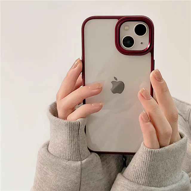 Transparent metallic lens camera protection case for iphone 11 13 12 pro shockproof bumper cover Iphone 13 x xr 7 8plus coque Wine Red