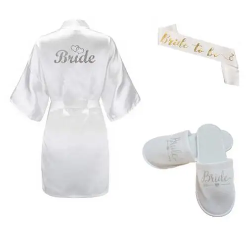 

New 3pc set of glitter silver bride robe satin short robe women slippers bridal sash peignoir wedding Party 2019 kimono robes