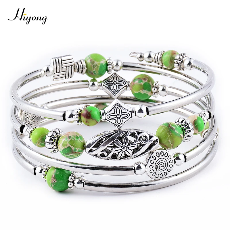 Wrap Bracelet HIYONG, Женский многослойный браслет в стиле бохо, браслет из натурального лавы, чакра из бусин, эфирное масло, браслет для девочек - Окраска металла: Wrap Bracelet