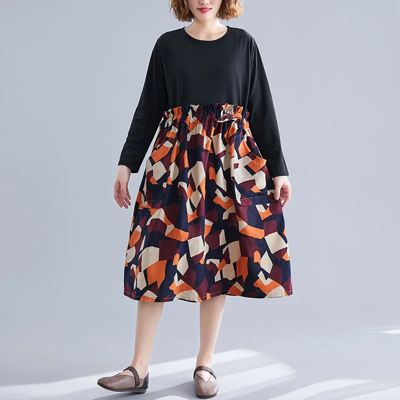 

2019 Autumn New Style Literature And Art Large Size Dress Loose-Fit Long Sleeve Mid-length Contrast Color Printed Cotton Linen D