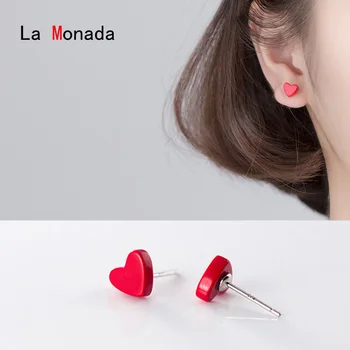 

La Monada Red Heart Stud Earrings 925 Sterling Silver Fine Jewelry Earrings For Women Wedding Party Accessories Mujer Gifts