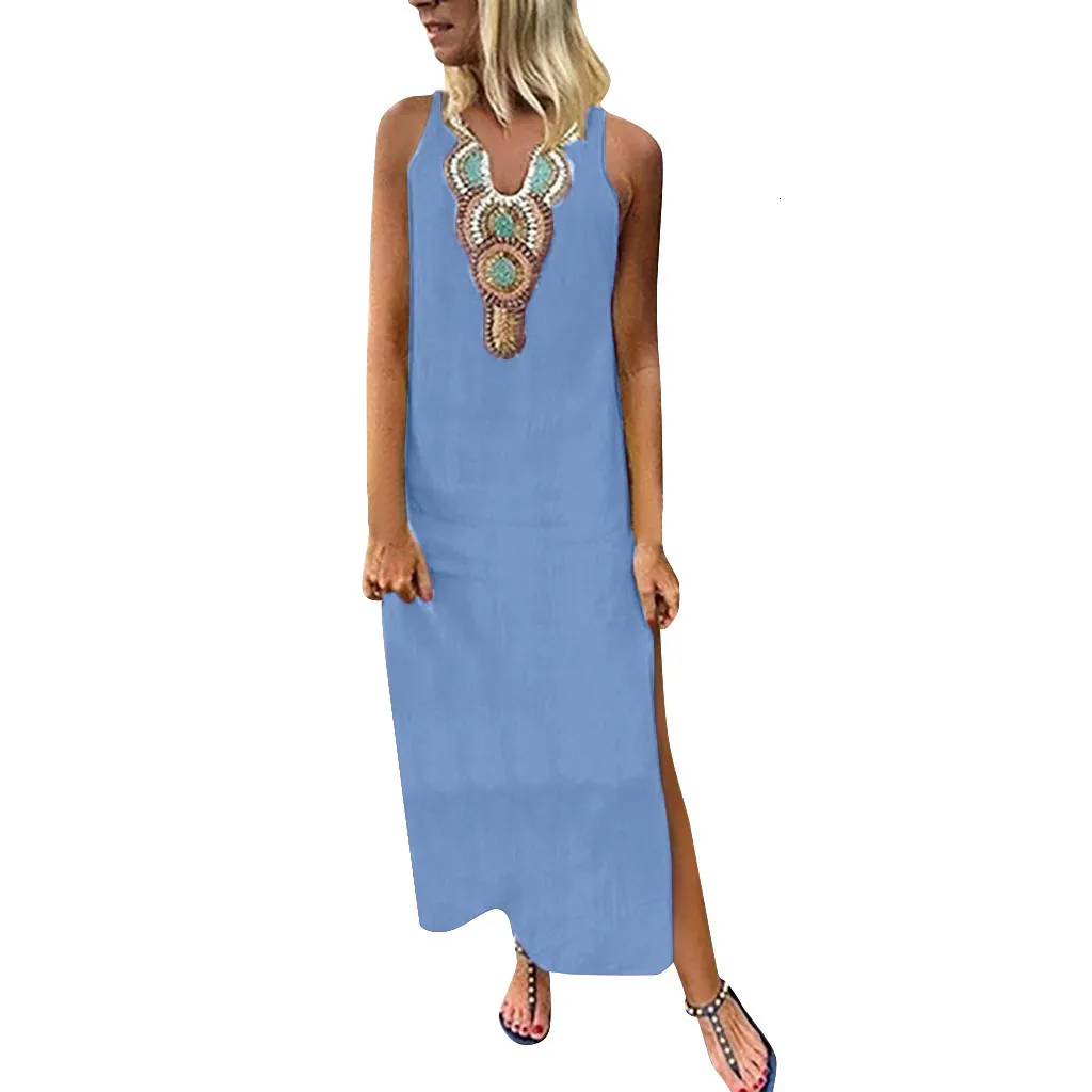 Женское богемное длинное платье с разрезом, элегантное платье макси без рукавов с v-образным вырезом, летнее винтажное пляжное платье, женские сарафаны