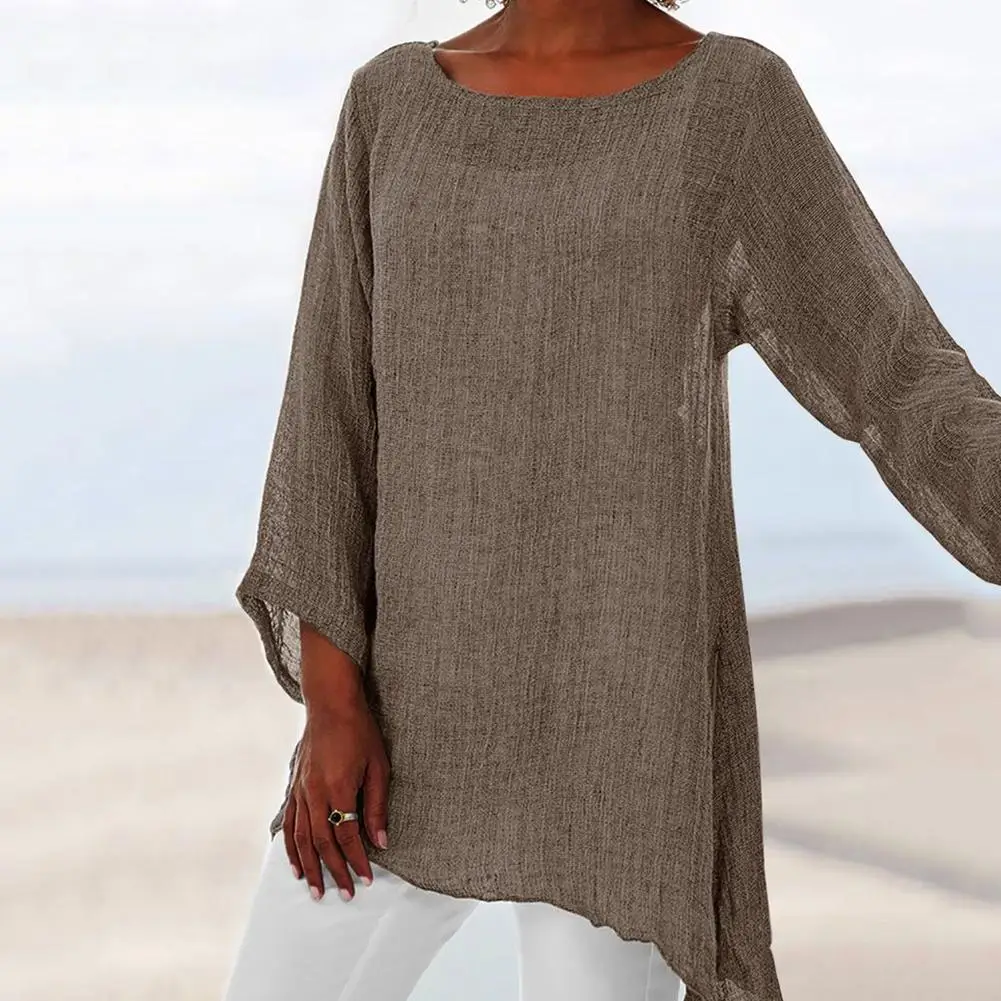 Ladies Blouse Plus Size Solid Color Linen O-Neck Long Sleeve Irregular Top Shirt Women Blouse And Top 2