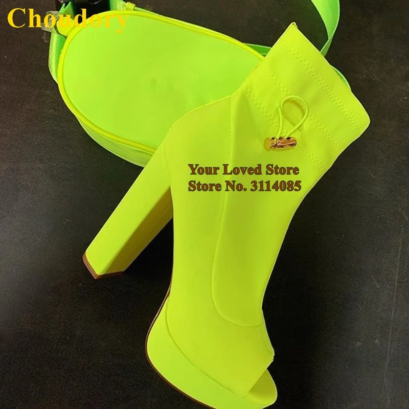 柠檬黄玫红粗跟鱼嘴短靴 (6)