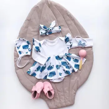

2020 Newborn Kids Baby Girls Ruflles Long Sleeve White Romper Jumpsuit Whale Clothes 2 Pics Headband Outfit Set 0-24M