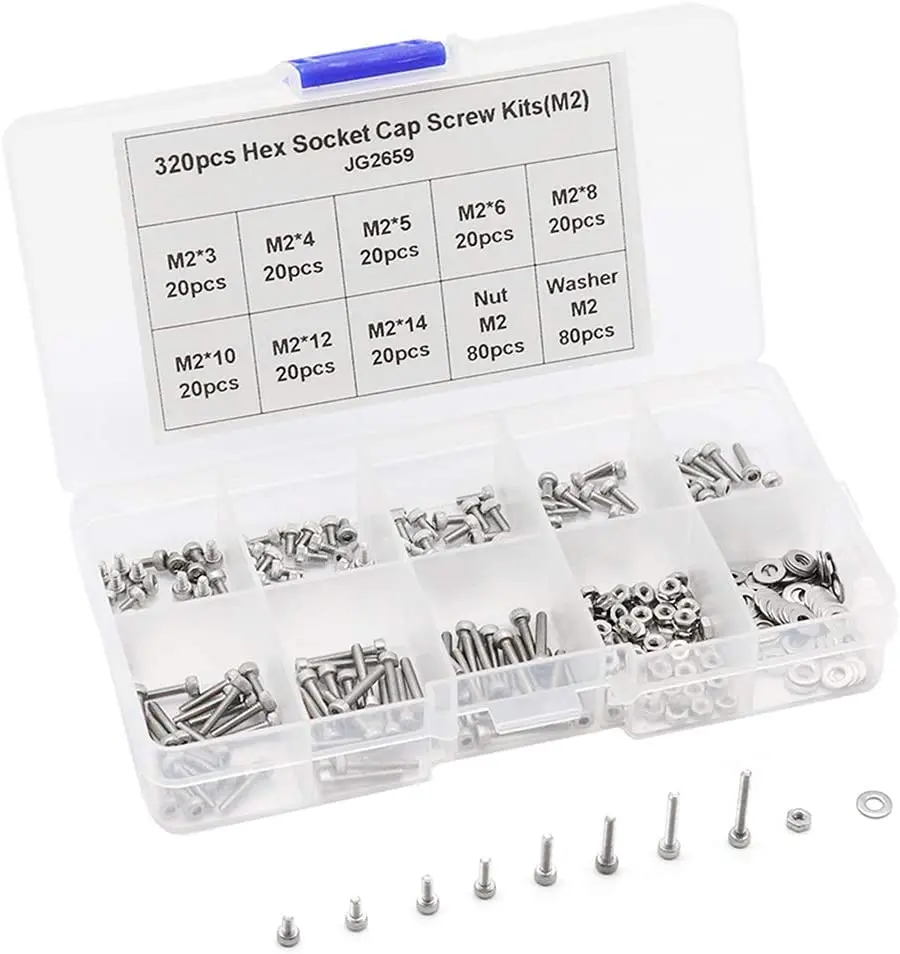 M2/M2.5/M3 304 Stainless Steel Hexagon Socket Head Cap Screws Bicycle Hex Bolts and Washers Assortment Kit 320Pcs/set