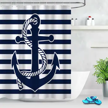 

Anchor Stripe Pattern Waterproof Fabric Shower Curtain Set Bathroom Custom