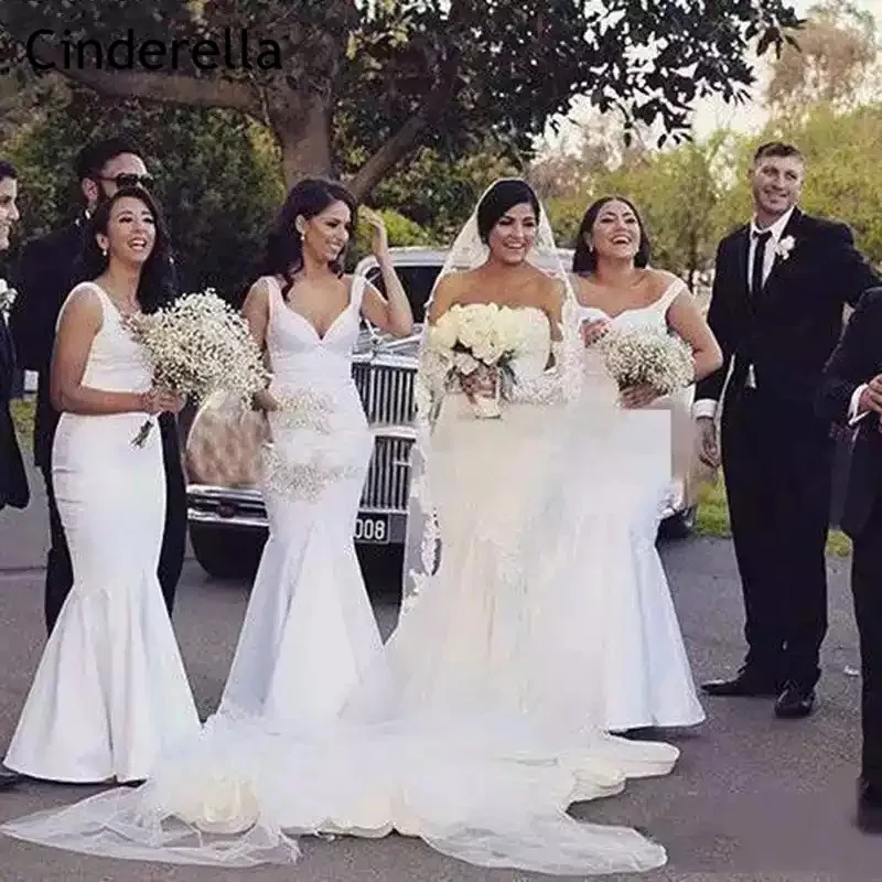 Simple Elegant V-Neck Matte Satin Pleated Floor Length Mermaid Bridesmaid Dresses Sweep Train Bridesmaid Dresses