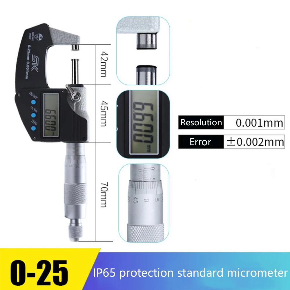 0-25-50-75-100mm IP65 Protection Level Digital Outside Micrometer Electronic Micrometer Gauge 0.001mm Accurate Measuring Tools