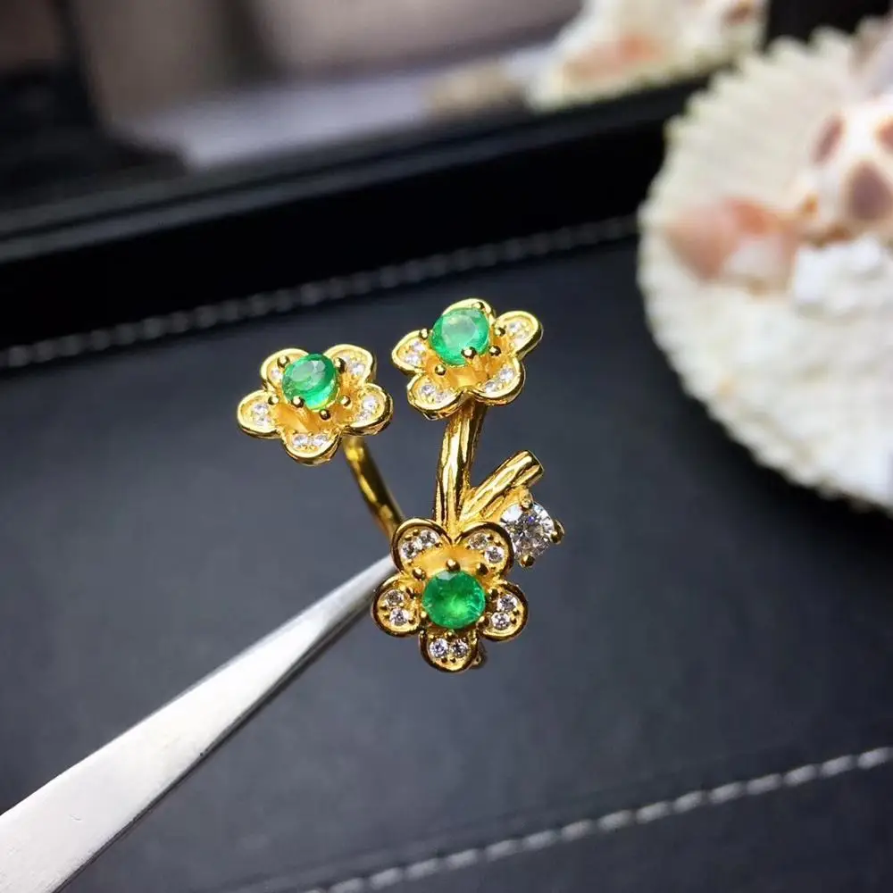 

exquisite emerald ring natural emerald 3*3mm size real 925 silver jewelry resizable girl birthday gift plated golden color