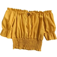 Ruched с открытыми плечами без бретелек фонарь рукав клубный летний женский укороченный топ Повседневный эластичный пояс пуловер пляжный праздник Сексуальная майка