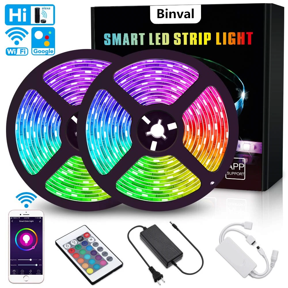 

Binval WiFi LED Light Strip 5/10M RGB 5050 LED Tape Lights Color Changing LED Strip Lights With Remote For TV Bedroom Party Bar