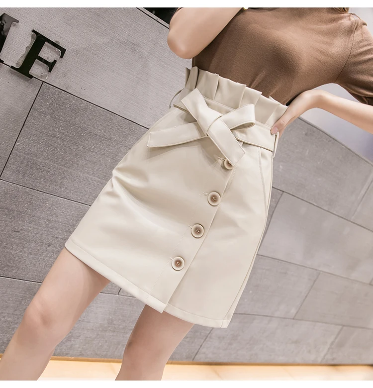 Women's PU leather Skirt Ruffled High Waist Package Hip Slim Mini Skirts Autumn Winter Clothes Front Buttons Split Faldas