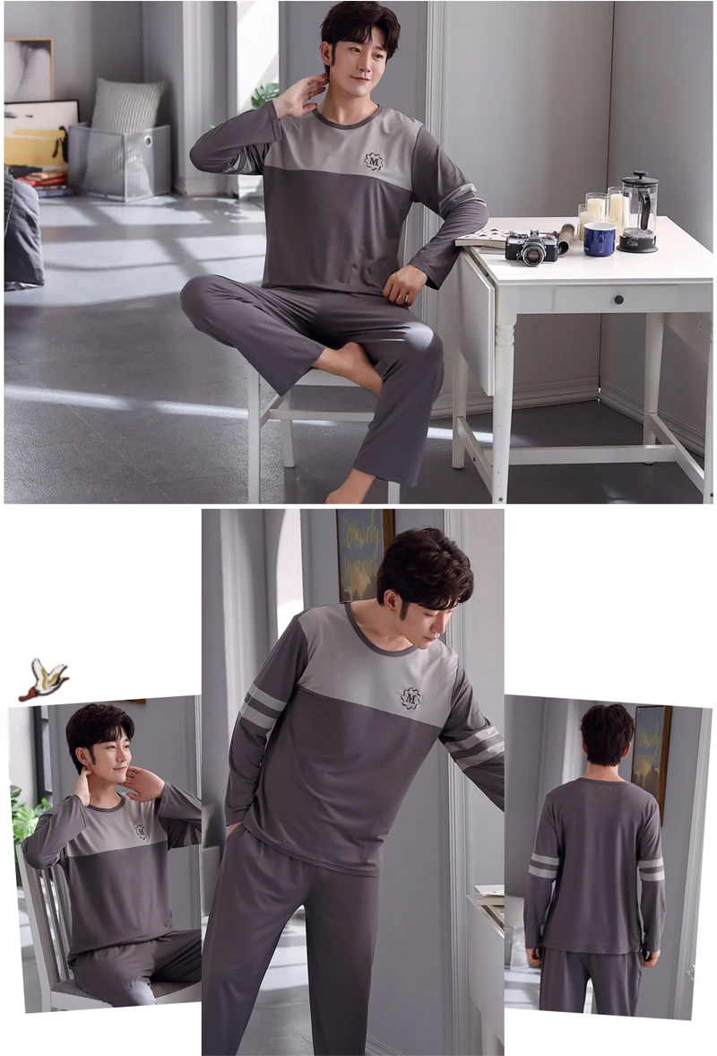 Male Pyjama Suit Man Pure Full Cotton Leisure Pjs For Male Sleepwear homewear 3XL New 2020 Autumn Men Pajamas set long Sleeve men satin pajamas