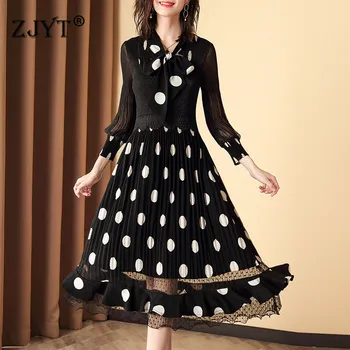 

2020 New Europe Fashion Spring Summer Dresses for Women Elegant Bow Collar Lantern Sleeve Dot Print Sexy Mesh Dress Black Party