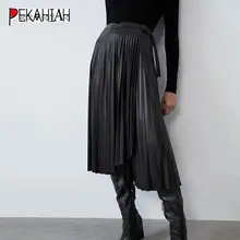 Зимние юбки из искусственной кожи с высокой талией, Женская плиссированная юбка, элегантная шикарная черная юбка миди с бантом, женская уличная одежда, женские юбки