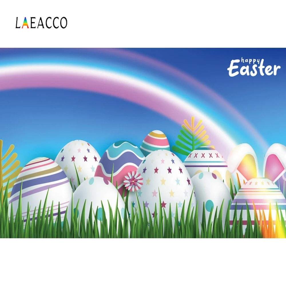 Laeacco Blue Sky Rainbow Easter Photophone Grass Eggs Flower Photography Backgrounds Photographic Backdrops For Photo Studio | Электроника