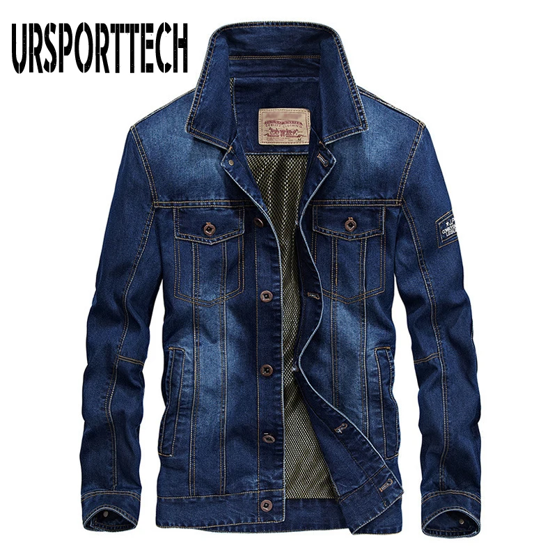 URSPORTTECH Denim Jackets Men Coat Dark Blue Casual Teens Denim Jacket Cotton Turn-down Collar Long Sleeve Denim Bomber Jackets