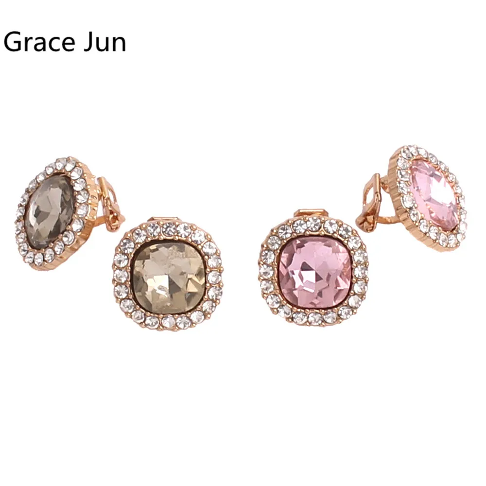 Grace Jun Rhinestone Crystal Clip on Earrings No Pierced for Women Party Wedding Luxury Bride No Ear Hole Earrings