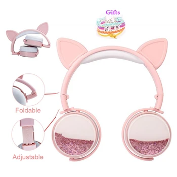 

Cute Cat Ear Kids Headphone With Mic Cartoon Cascos Music Girl Helmet With Bracelet Bling Glitter Cascos For Child Phone Gift