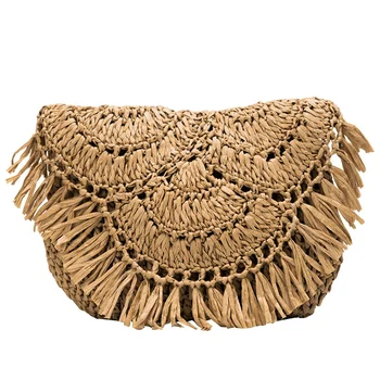 

New Pretty Women Straw Bag Summer Beach Rattan Messenger Shoulder Bags for Ladies Tassel Wicker Weave Bag Fashion Brown