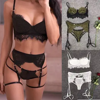 

Fashion sexy 3-PC Women's Lace Lingerie underwear suits ladies Adjusted-straps wire free Seamless solid color sets hot sale 50**