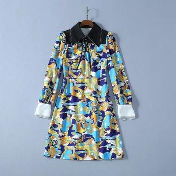 

Spring 2020 for European and American women's wear Long sleeve lapel Cartoon printing Fashionable blue dress