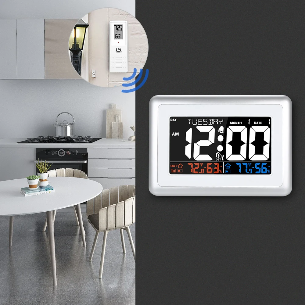 

WWVB Alarm Clock Temperature and Humidity Meter Weather Forecast Station Indoor and Outdoor Thermometer