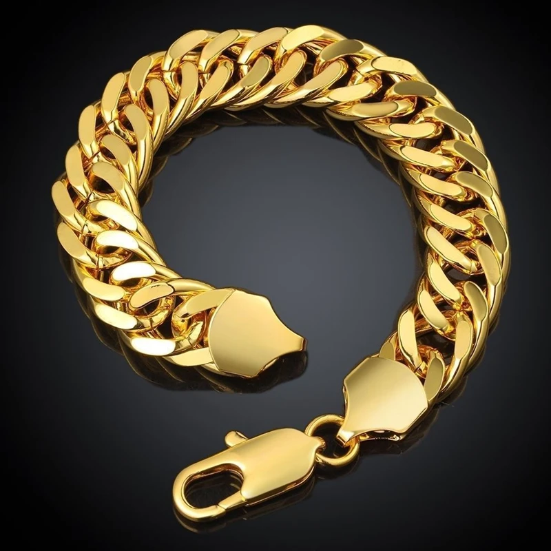 

12mm Thick Heavy Tight Miami Wrist Chain Yellow Gold Filled Classic Mens Bracelet Solid Double Curb Chain Link 9 Inches