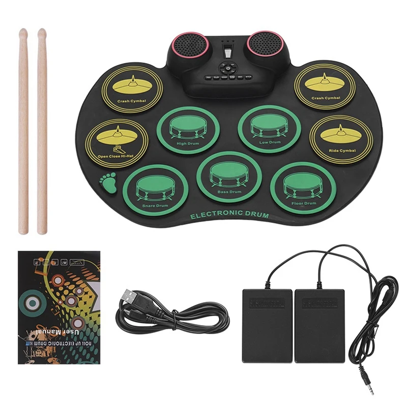 

ABZB-Digital Roll Up Drum Pad Silicone Electronic Drum Set Practice 10 Drumpads Built-In Double Speakers with Sticks and Foot Pe