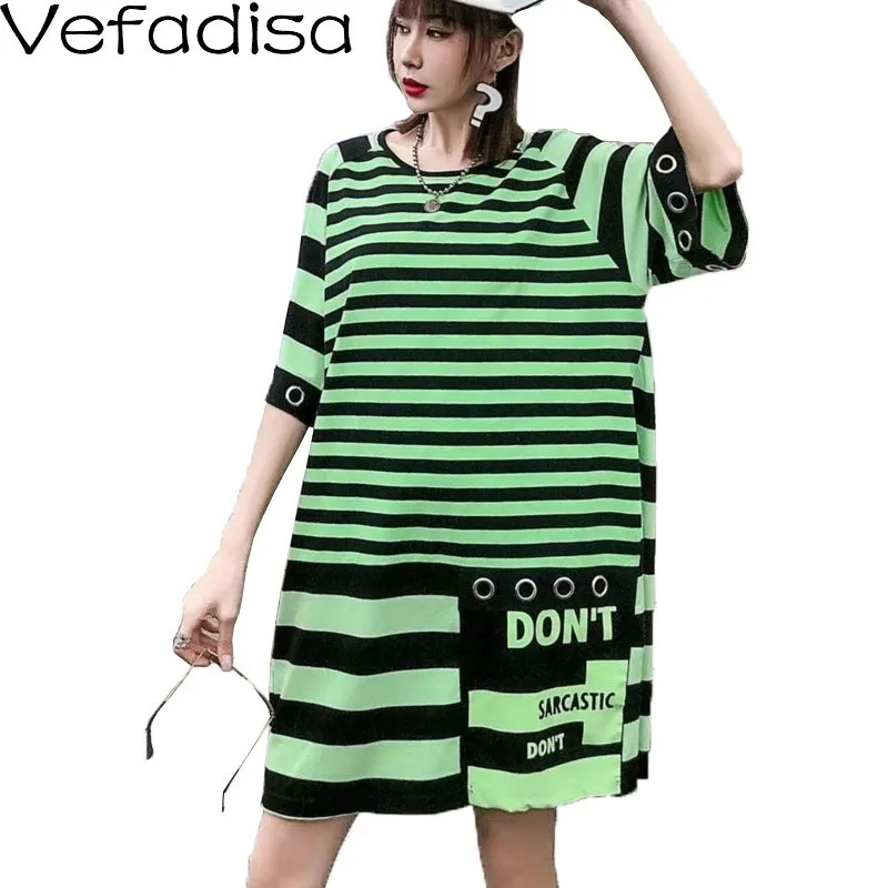 Vefadisa Striped Short Sleeve Dress Big Size T Shirt Women 2020 Summer O-Neck Mini Black Green QYF2048 | Женская одежда