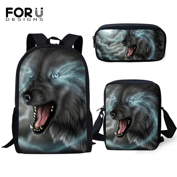 FORUDESIGNS/модные детские школьные рюкзаки с рисунком лунного волка, детские школьные сумки с героями мультфильмов, комплект из 3 предметов, сумки для книг/сумки с откидным клапаном/пеналы для ручек - Цвет: CDWX3773CEK