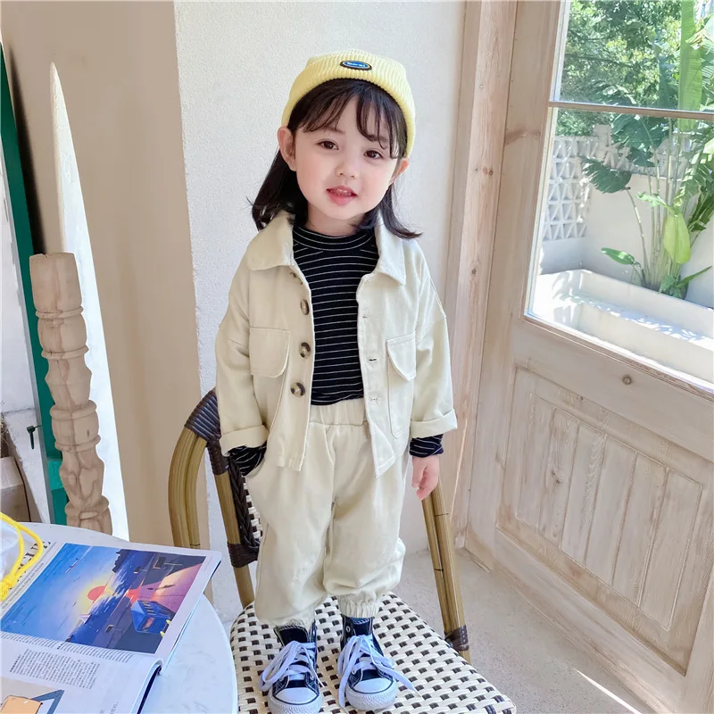 

DFXD New Children's Set Spring Autumn Toddler Boys Girls Solid Jeans Suit Fashion Cargo Set Outfit Big Pockets Buttons Coat+Pant