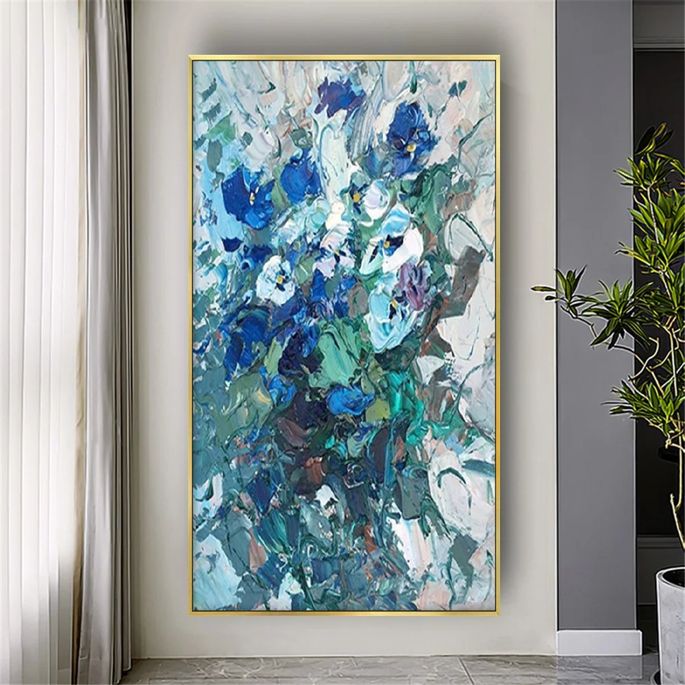 

100% Hand-Painted Abstract Oil Paintings Blue Flower Poster Knife Canvas Picture Modern Mural Home Living Room Decor Wall Art