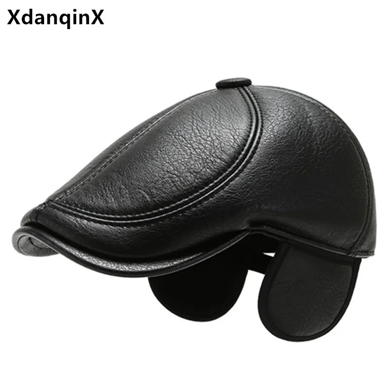 

XdanqinX Winter Faux Leather Hat Men Warm Berets Thick Earmuffs Hat Middle-aged Men's PU Leather Cap Adjustable Size Tongue Caps