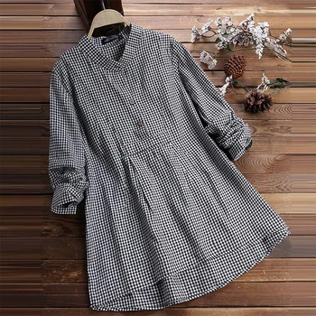 

Women's Plaid Tunics Long Sleeve Blouse Stand Collar Vintage Tunic Blouses Lady Casual 2020 Spring Summer Loose Tops Female