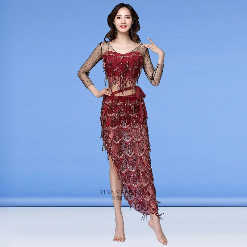 1188 Red Set Сексуальный женский комплект для танца живота, блестящий топ для танца живота, тренировочные костюмы, прозрачный сетчатый топ с длинным/половинным рукавом, кисточка, шарф, юбка - Цвет: 1188 Red Set