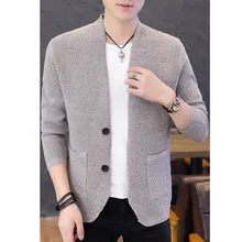 Без воротника досуг мужской кардиган, свитер для подростков, кнопка два чистый цвет вязаный кардиган