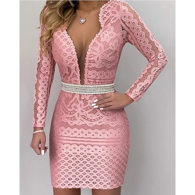 Long Sleeves Watermelon Pink Lace Cocktail Dresses Deep V Neck Sexy Straight Short Mini Party Gown In Stock Fashionable ESAN329 | Свадьбы и