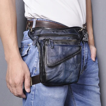 

Cowhide Leather men Blue Casual Fashion Small Messenger Bag Designer Travel Fanny Waist Belt Pack Drop Leg Bag Male 211-3