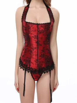 

Sexy Red Corset Lingerie With Lace Push Up Shoulder Ring Neck Strap Women Night Wear Boned Corselet Waist Shaper