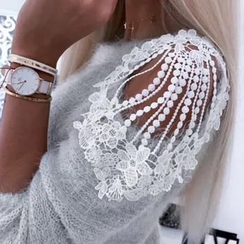 

Women Fashion Sweater Casual Solid Color Round Neck Long Sleeves Pullover Sexy Lace Hollow Sweaters Tops