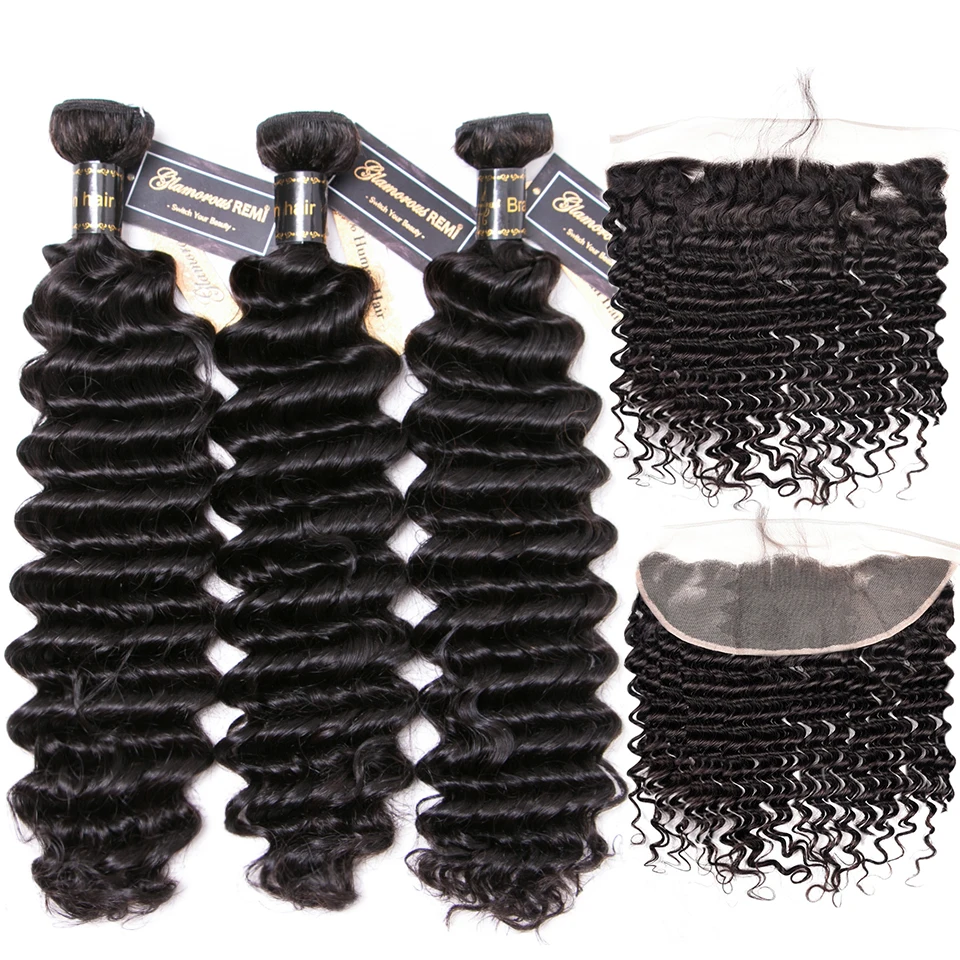

3 Bundles Brazilian Deep Wave Bundles With Frontal Ear To Ear 13*4Lace Frontal With Bundles Human Remy Hair Bundles With Closure