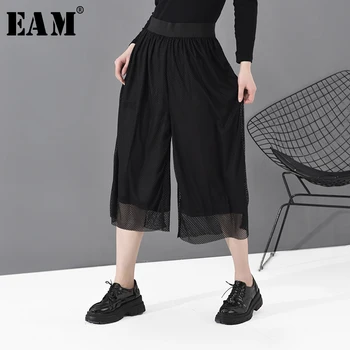 

[EAM] High Elastic Waist Black Double Layers Mesh Wide Leg Trousers New Loose Fit Pants Women Fashion Spring Autumn 2020 1S786