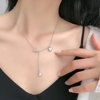 

Clip Heart Five-pointed Star Necklace Women's 925 Sterling-Versatile Simple Retro Necklace Pendant Ornament