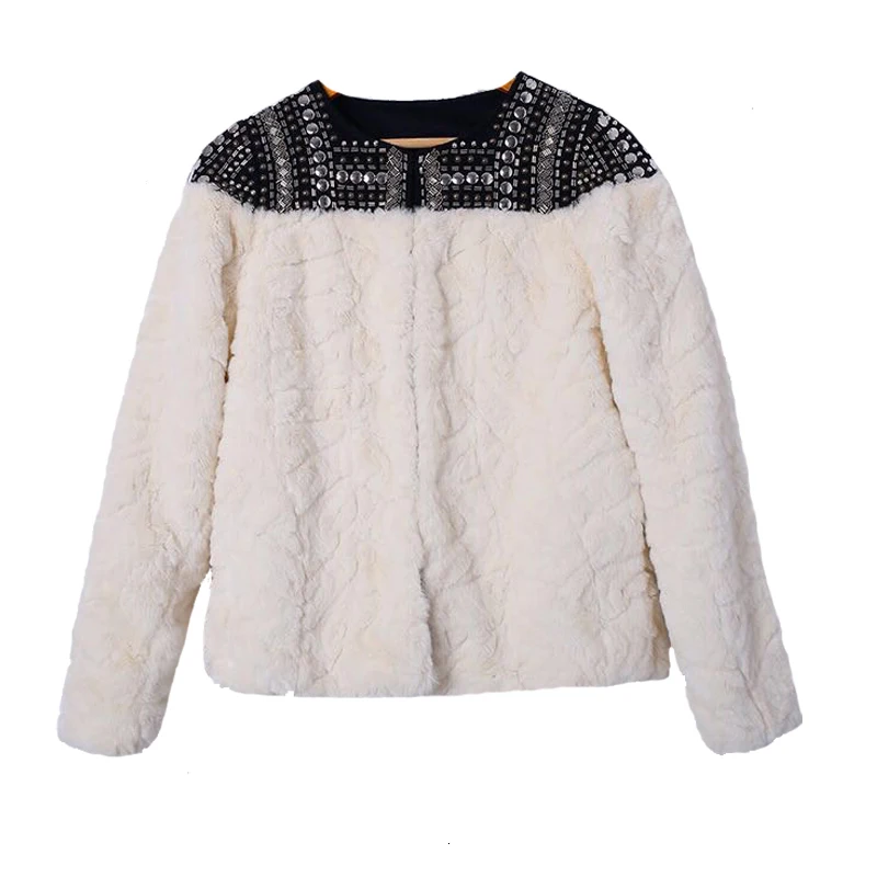 white TWOTWINSTYLE лоскутное флисовое пальто с заклепками для женщин Круглый вырез длинный рукав толстый кардиган женский зимняя модная одежда - Цвет: white
