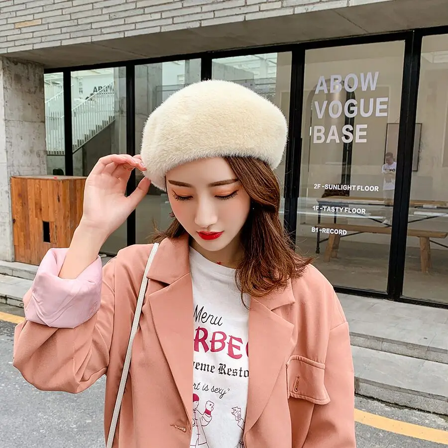 beige Новинка зима осень женский шерстяной элегантный берет шапка для девочки вязаная шапка теплая шапка для художника однотонная Модная женская шапка - Цвет: beige