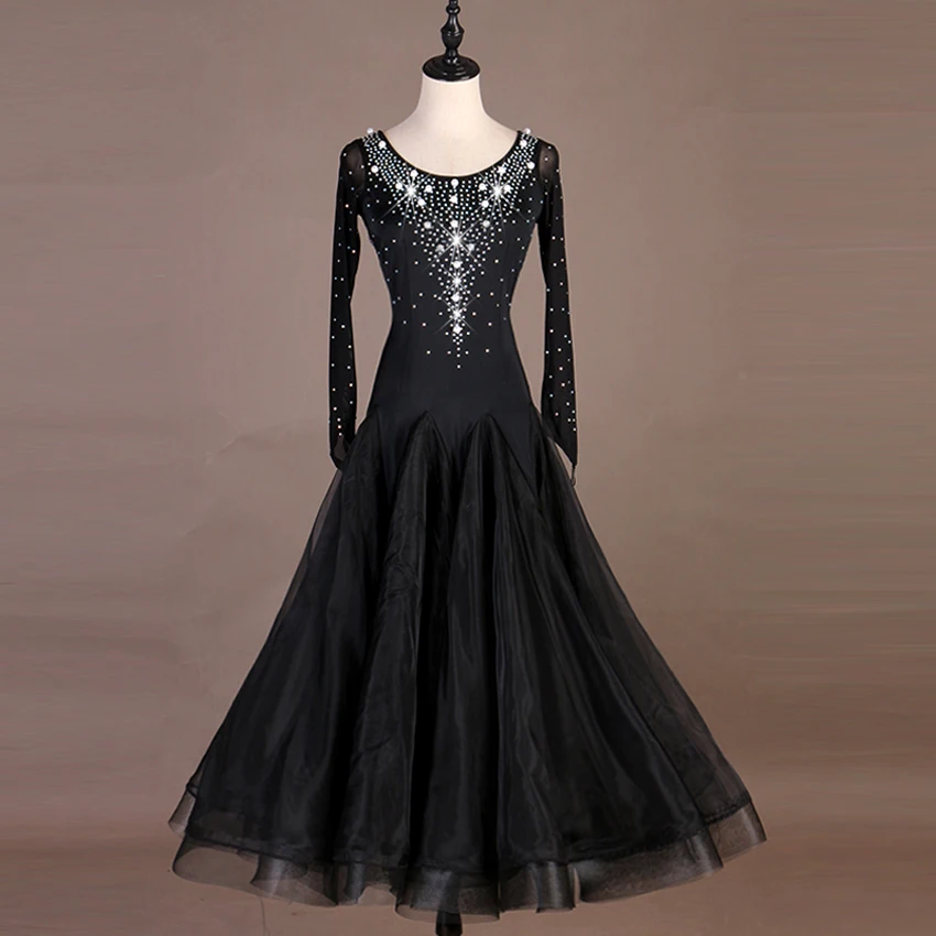 

Waltz Ballroom Competition Dress Standard Dance Performance Stage Costume Women Evening Gowns Mesh Sleeves Big Swing Rhinestones