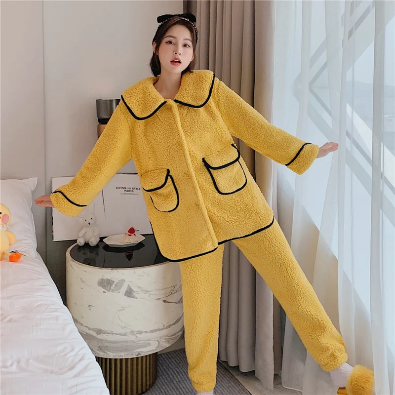 

Lamb Wool Pajama Set Women Cute Pijamas Winter Cardigan Buttons Pocket Sleepwear Warm and Thick Homewear 2 Pcs Pyjamas Women