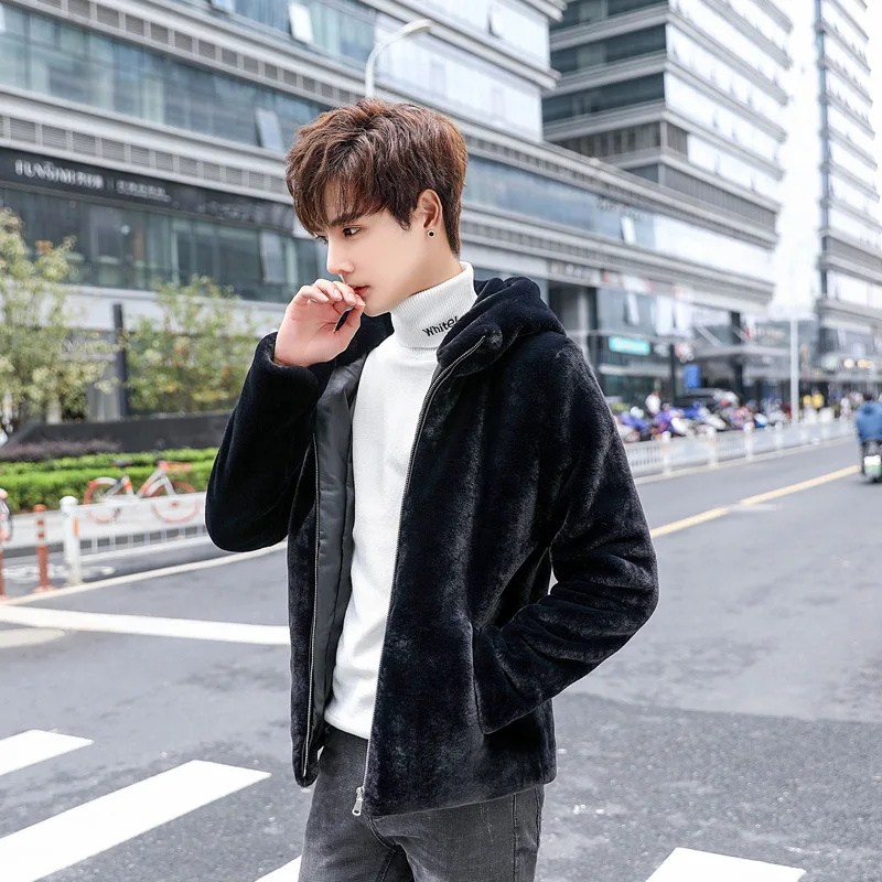 Men Winter Faux Fur Coat Solid Color Mink-like Warm Overcoat Korean-style Men's Casual Hooded Coat